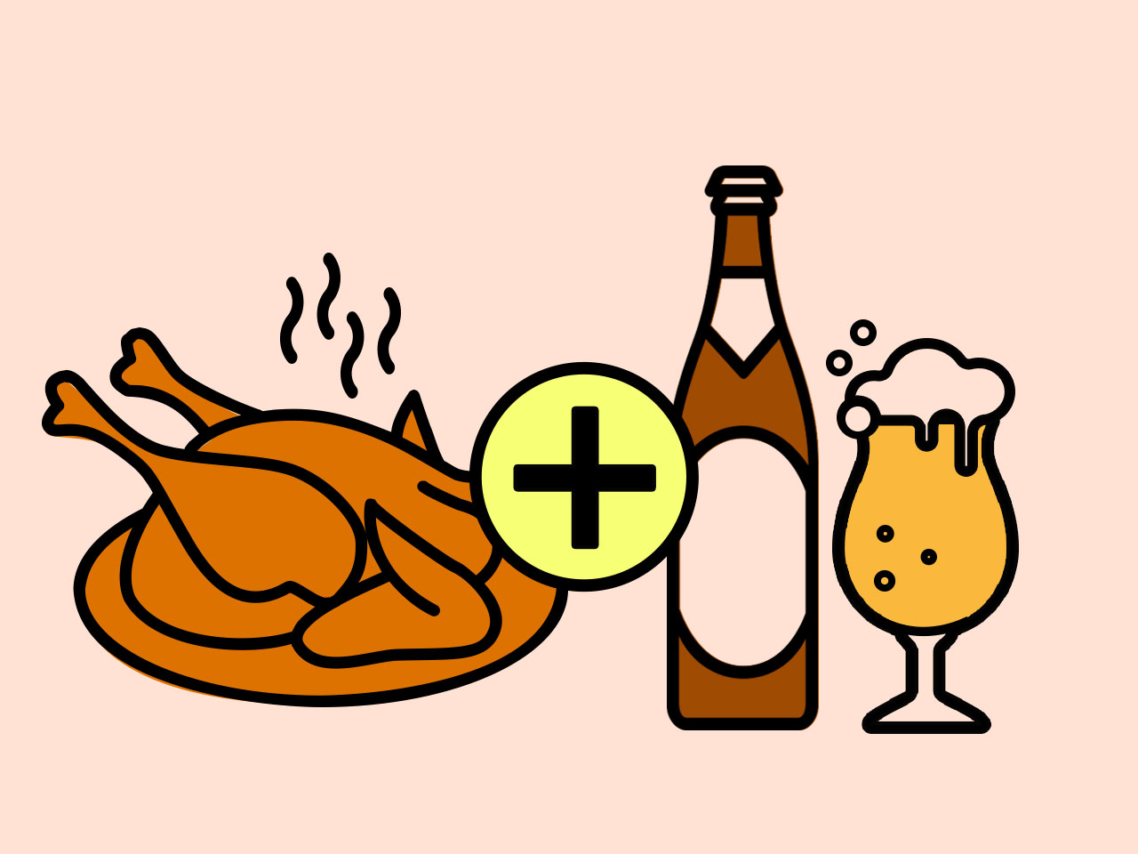 Illustration of a turkey with a plus sign a beer bottle and overflowing glass on a pink bakcground