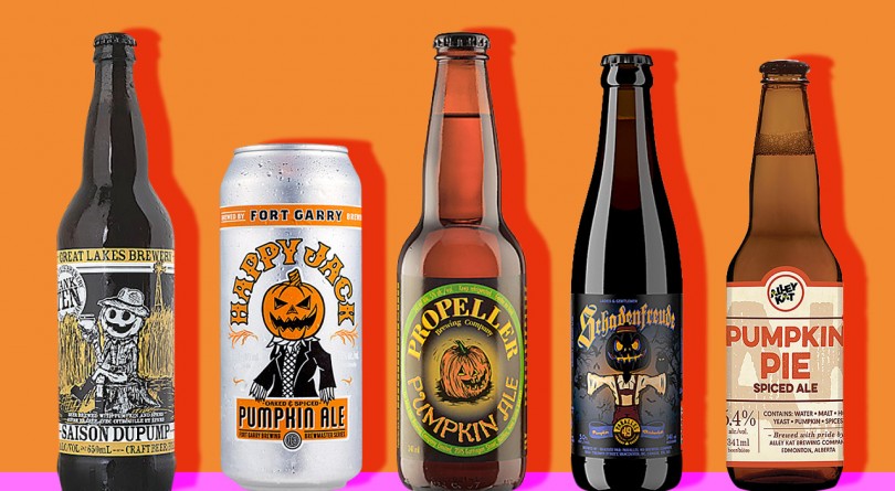 image of five types of pumpkin beer on a pink and orange background
