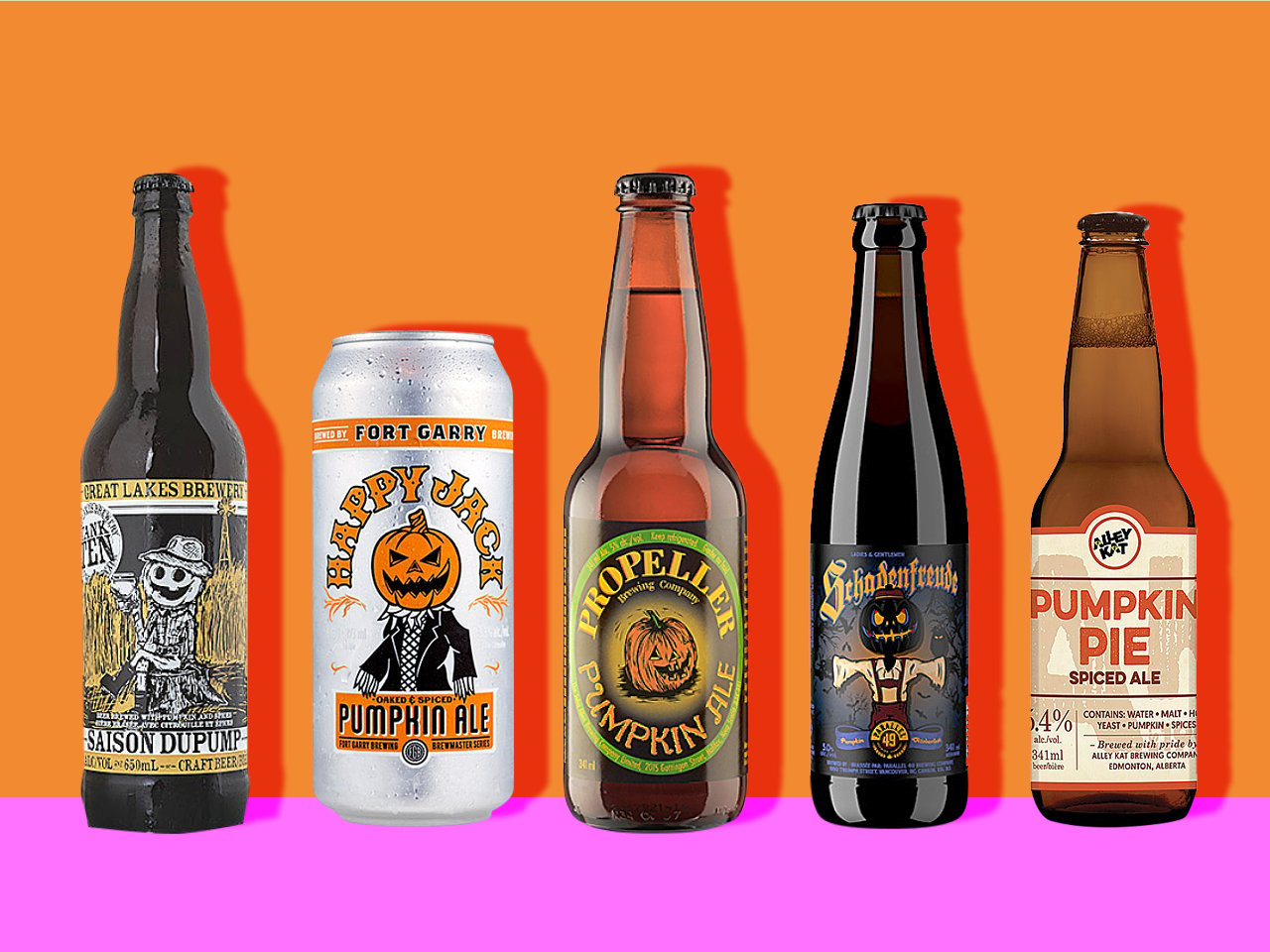 image of five types of pumpkin beer on a pink and orange background