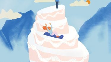 Illustration of a woman sliding down a wedding cake for the article on "should I get a divorce."