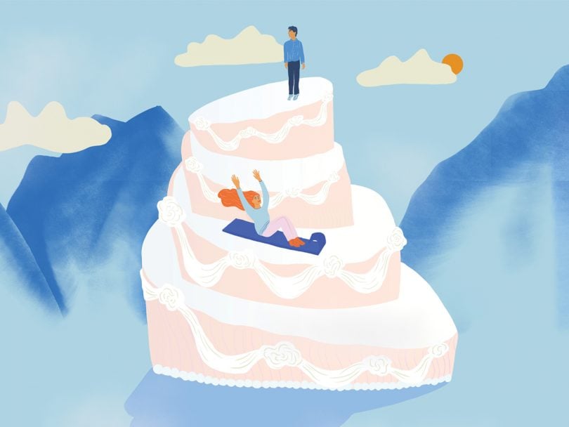 Illustration of a woman sliding down a wedding cake for the article on 