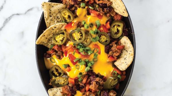 Black pan filled with Oh She Glows vegan nachos