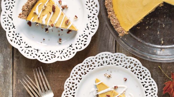 Oh She Glows vegan pumpkin pie: Two plates topped with slices of raw vegan pumpkin pie
