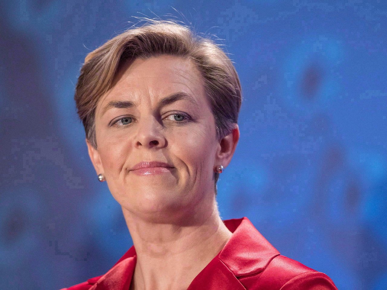 Conservative leadership candidate Kellie Leitch speaks during the Conservative leadership debate in Saskatoon, Wednesday, November 9, 2016. Police are investigating a banner draped over Ontario MP Leitch's constituency office that invokes the Quebec City mosque shooting and urges the controversial Conservative leadership candidate to resign. THE CANADIAN PRESS/Liam Richards