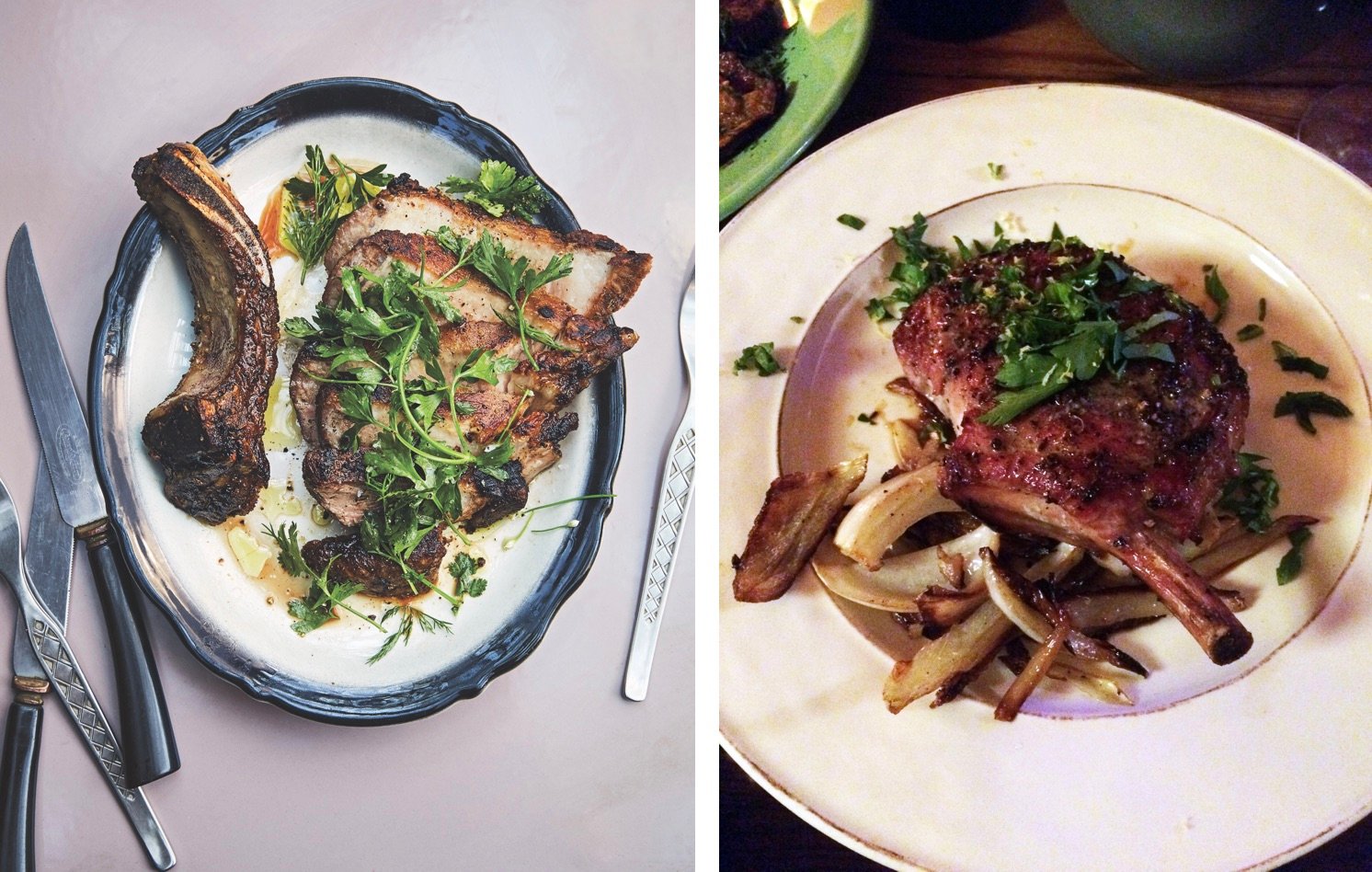 Side-by-side shots of pork chops from Alison Roman's cookbook