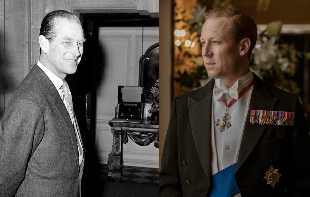 A side-by-side image of Prince Philip and Tobias Menzies who plays him in The Crown.
