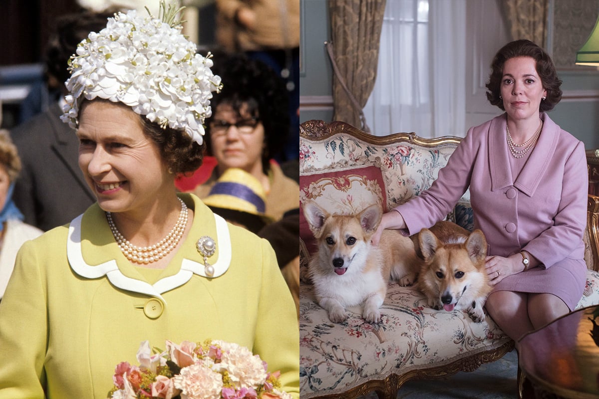 A side by side photo of Queen Elizabeth II and Olivia Colman in the Netflix show The Crown.