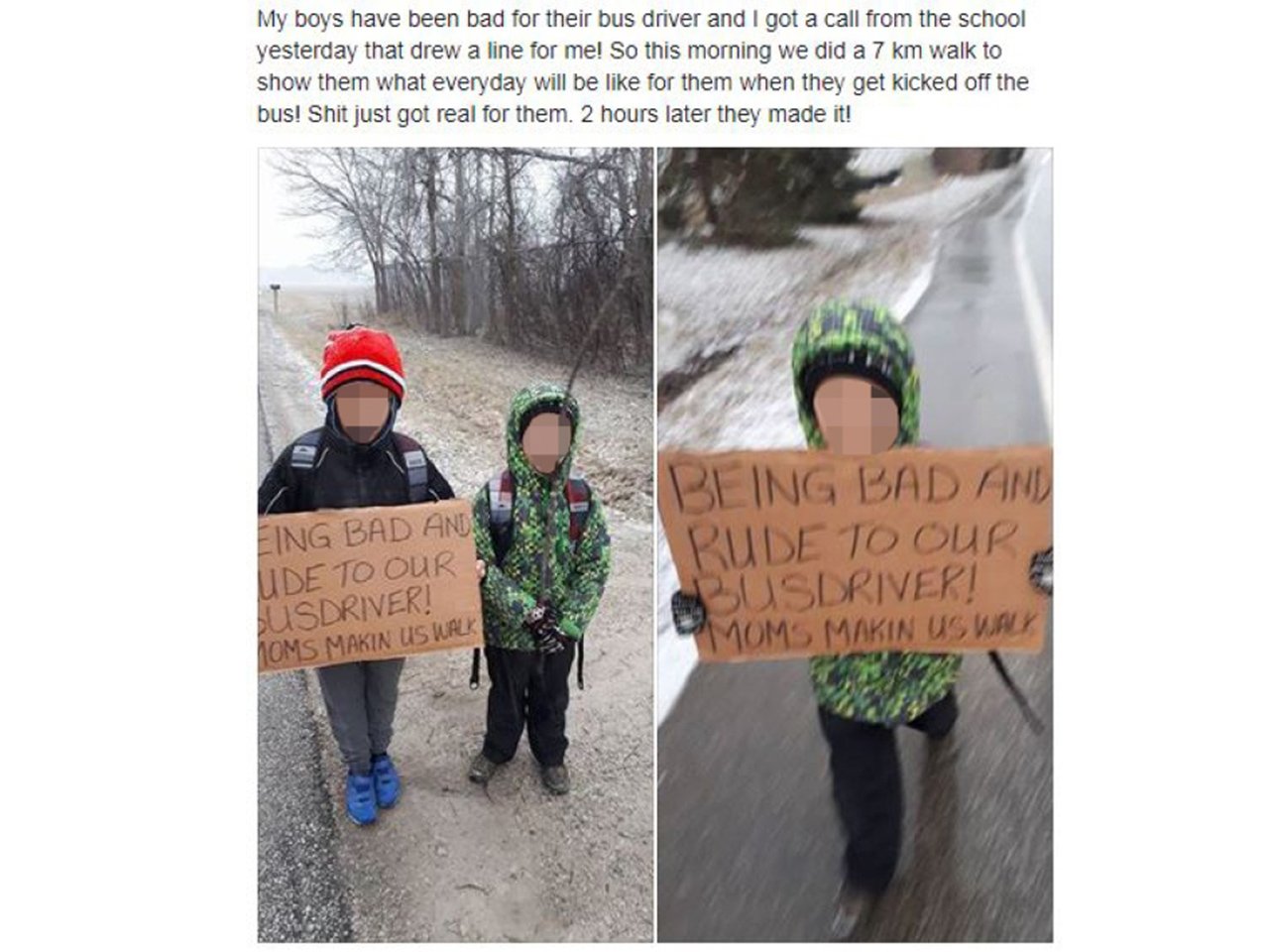 mom internet-shamed kids by making them walk 7km to school holding a sign saying they were rude to their bus driver