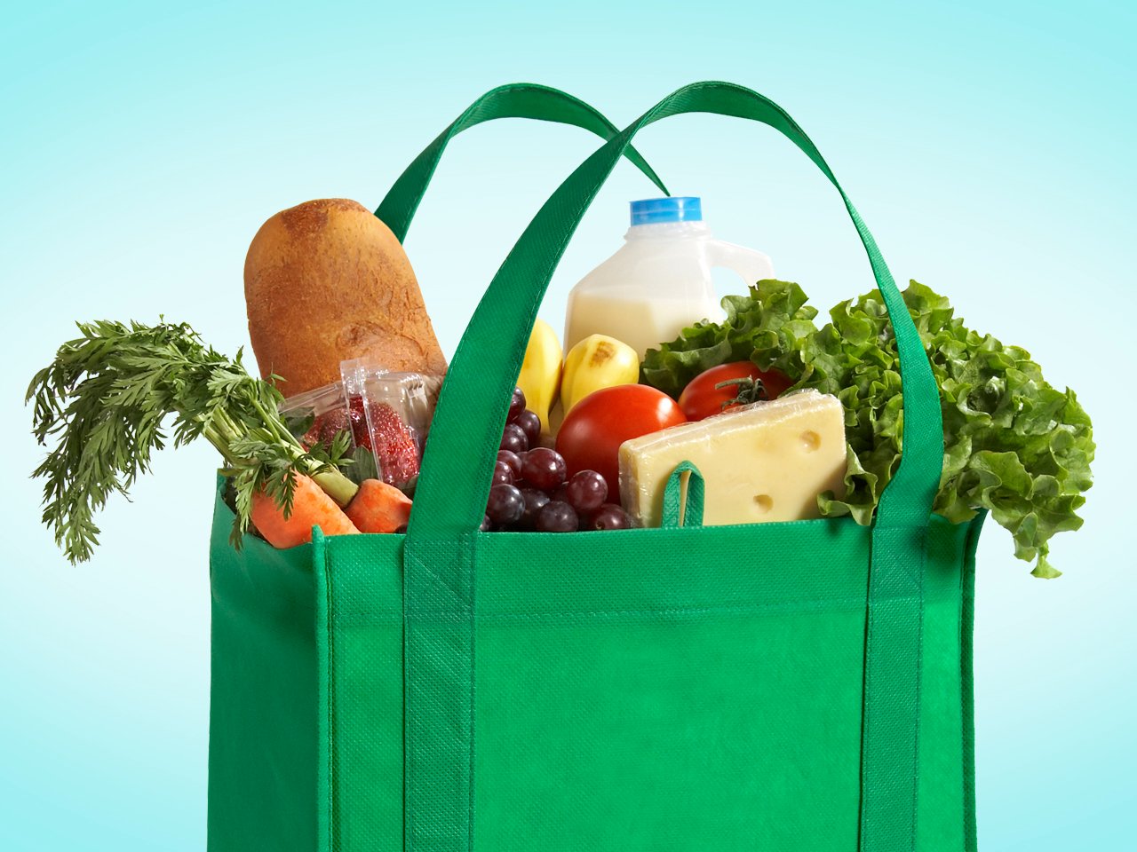Green bag of groceries.
