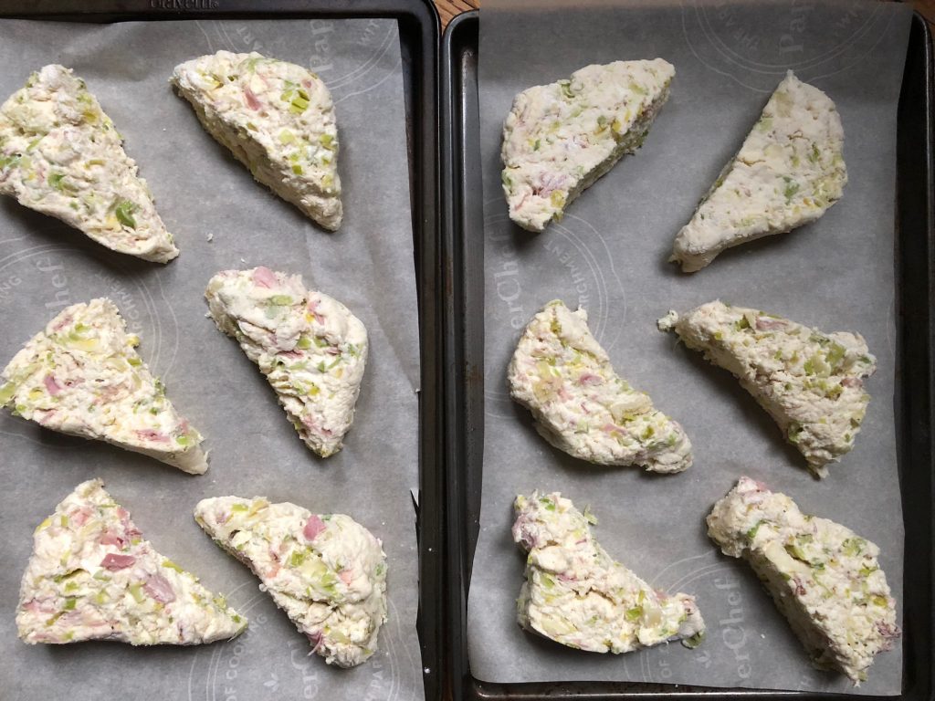 Ham, Leek and Cheese Scones on a tray ready to be baked, Violet Bakery