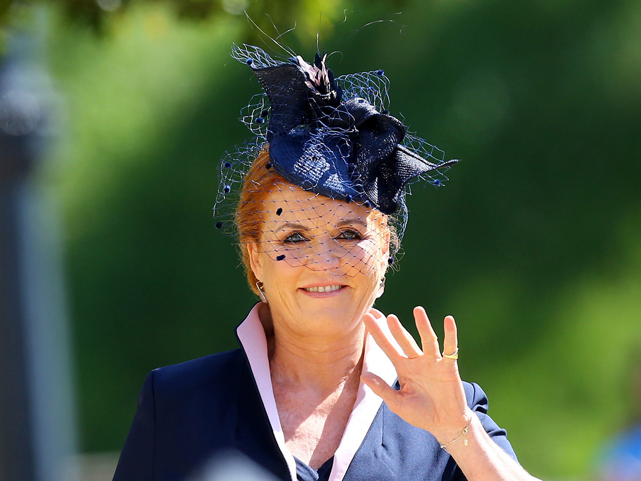 Sarah Duchess of York arrives at St George's Chapel, Windsor Castle before the royal wedding of Prince Harry to Meghan Markle