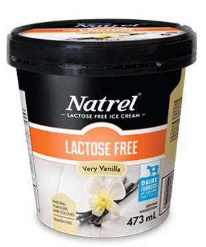 Tub of lactose-free vanilla ice cream.