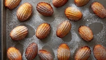 Madeleines on a baking sheet covered in icing sugar