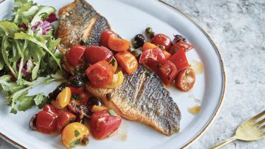 pan-seared branzino with tomatoes and capers