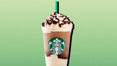 Starbucks mocha frappuccino with plastic straw on green background