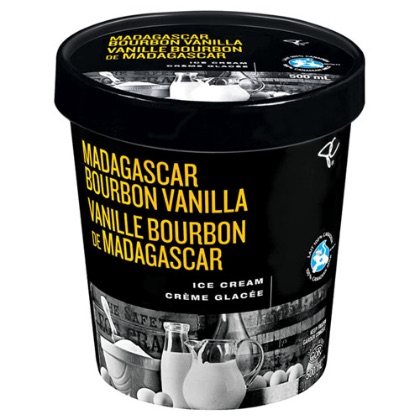 Tub of PC black menu vanilla ice cream.