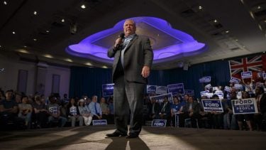 Doug Ford speaks during a campaign rally in Mississauga, Ont. The Ontario election delivered the PCs a majority