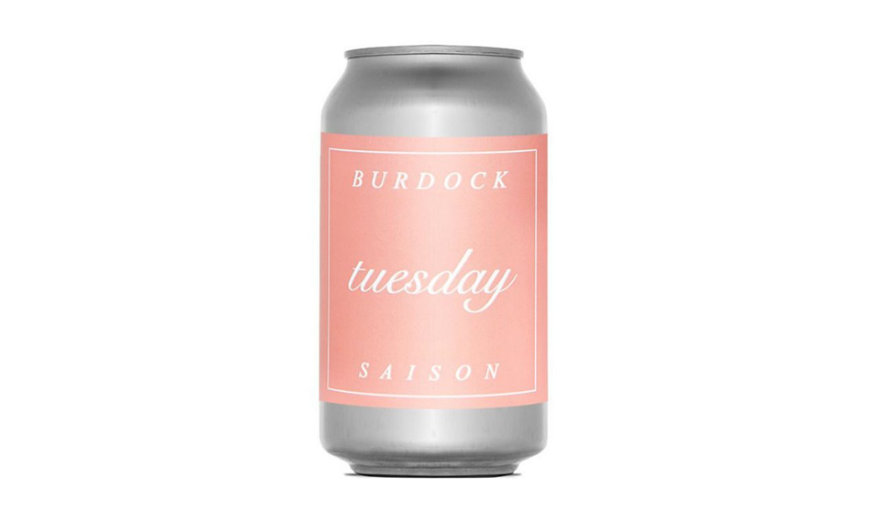 Burdock Tuesday Saison in can with pink label and white text.