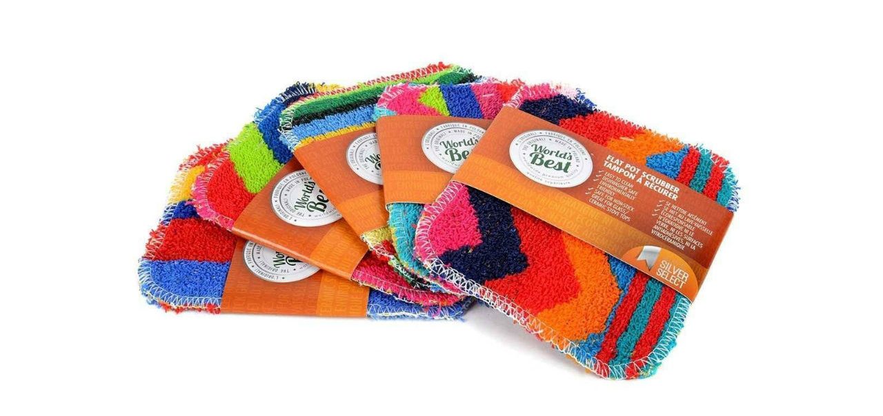 five flat pot scrubbers in various colours
