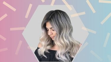 Model with long blonde balayage black hair for summer hair with confetti background