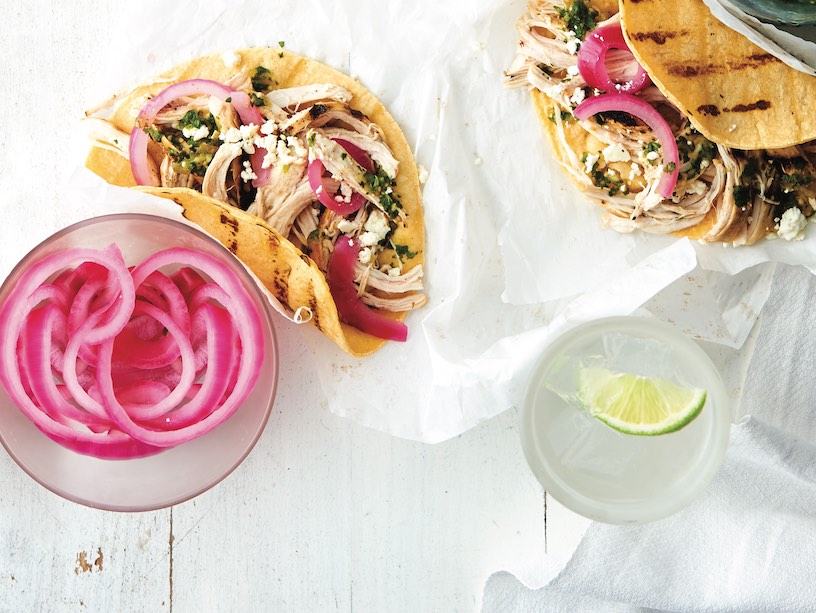 Quick-pickled red onions in tacos.