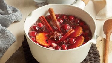 Mulled wine sangria in a white pot