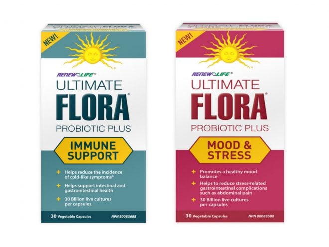 Packages of Renew Life's Ultimate Flora Immune Support probiotics and Mood and Stress probiotics