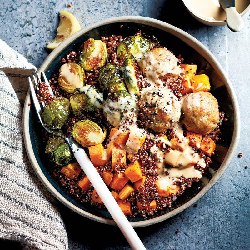 Baked meatballs with roasted vegetables