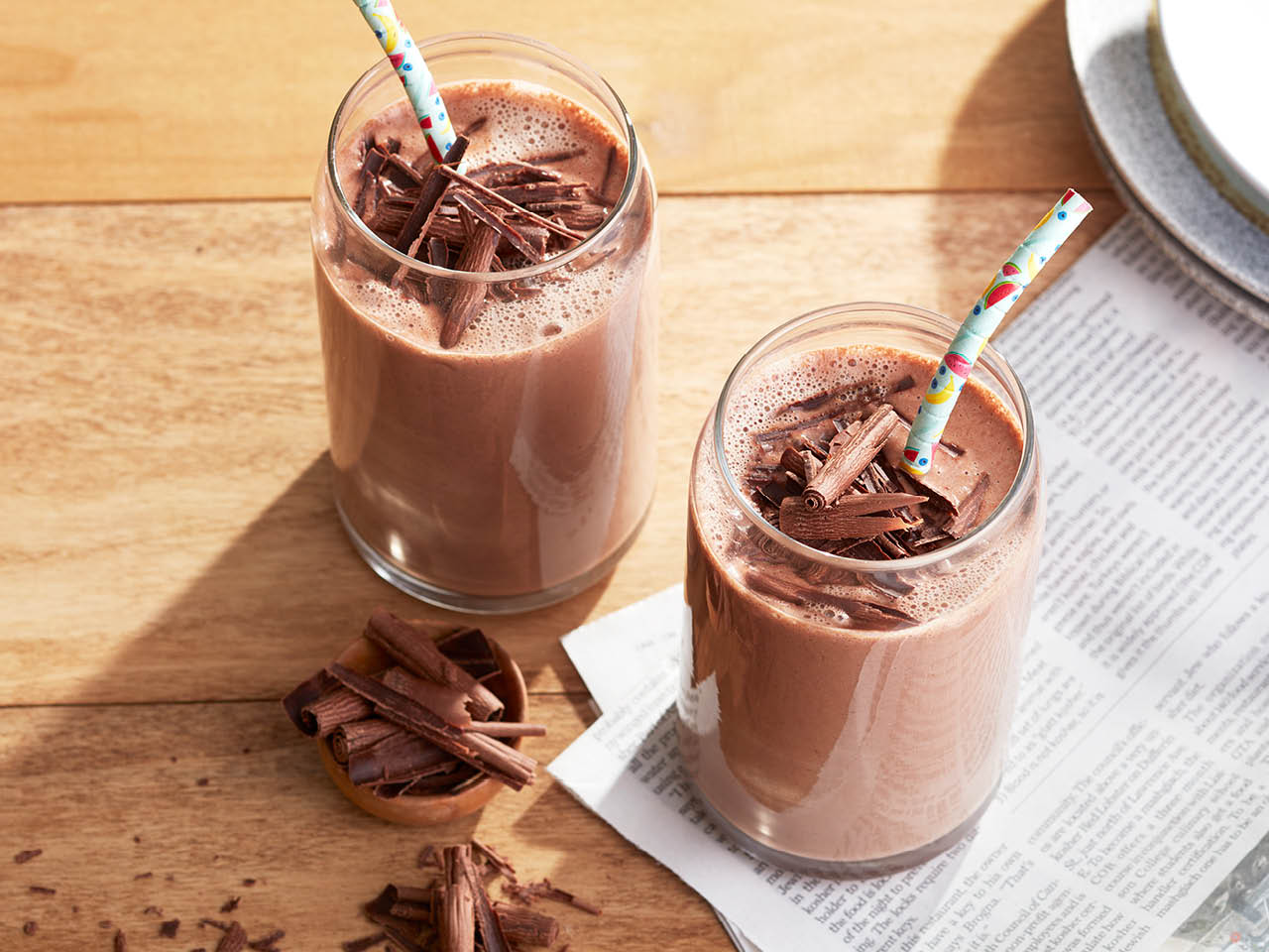 Cocoa Breakfast Smoothies In tall glasses with straws