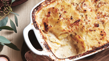 easy scalloped potatoes in serving pan