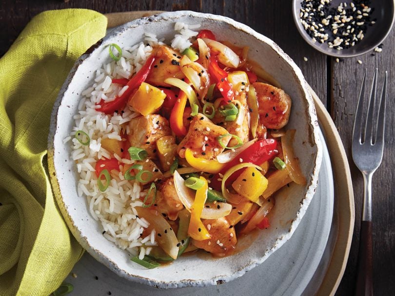 Sweet & sour chicken stir fry with pineapple and peppers