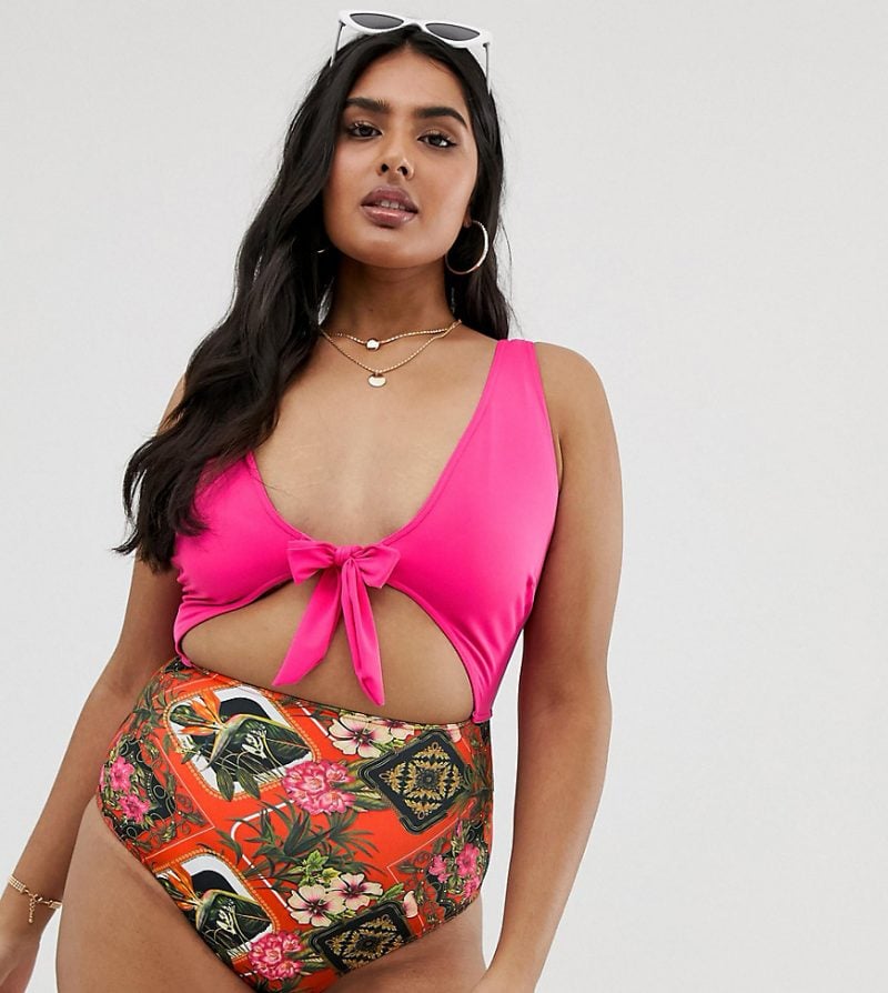 ASOS DESIGN Curve recycled tie front colourblock cut out swimsuit