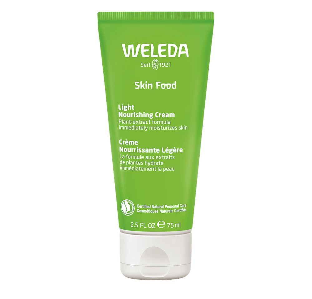 clean beauty-WALEDA SKIN FOOD green squeeze bottle on a white background