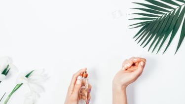 How To Find The Perfect Perfume: Hands with pink nails sprays perfume on wrist, palm branch and irises on white background.