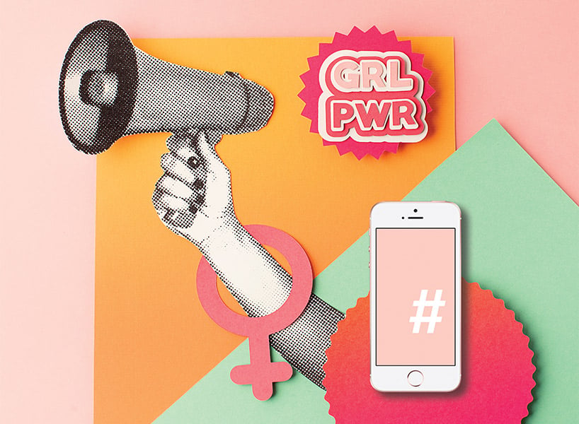 Edited image of a hand holding a megaphone, a sticket that says girl power, the universal sign for female, and a phone with a hashtag