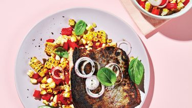 Grilled fish with corn and peppers