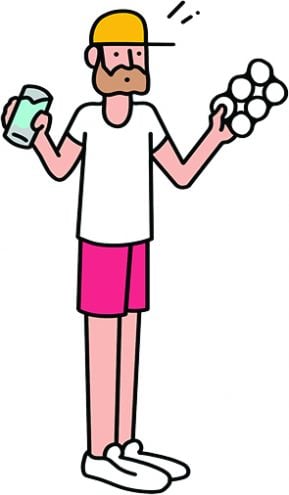 How to use less plastic-illustration of a guy wearing white t-shirt and pink shorts holding an old plastic container