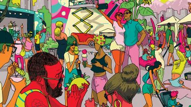 Colourful illustration depicting people at a street party. People are eating food, talking, walking around.