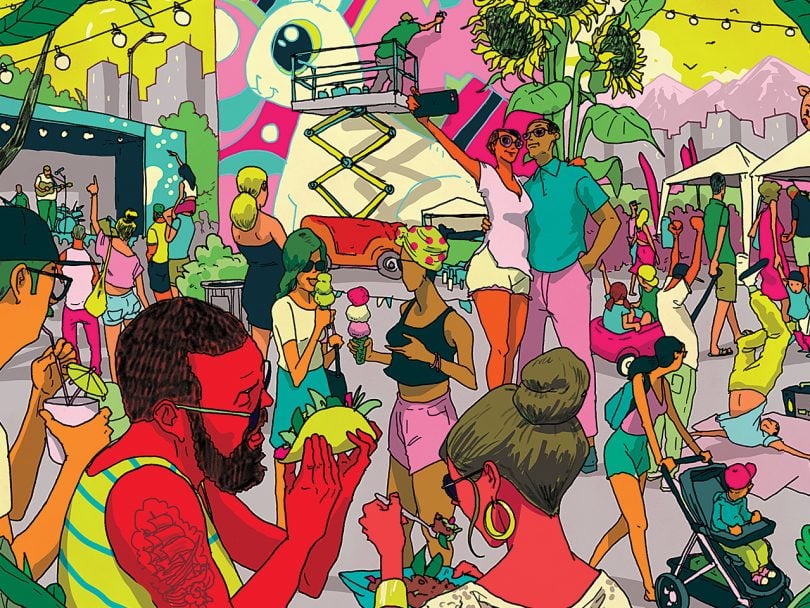 Colourful illustration depicting people at a street party. People are eating food, talking, walking around.
