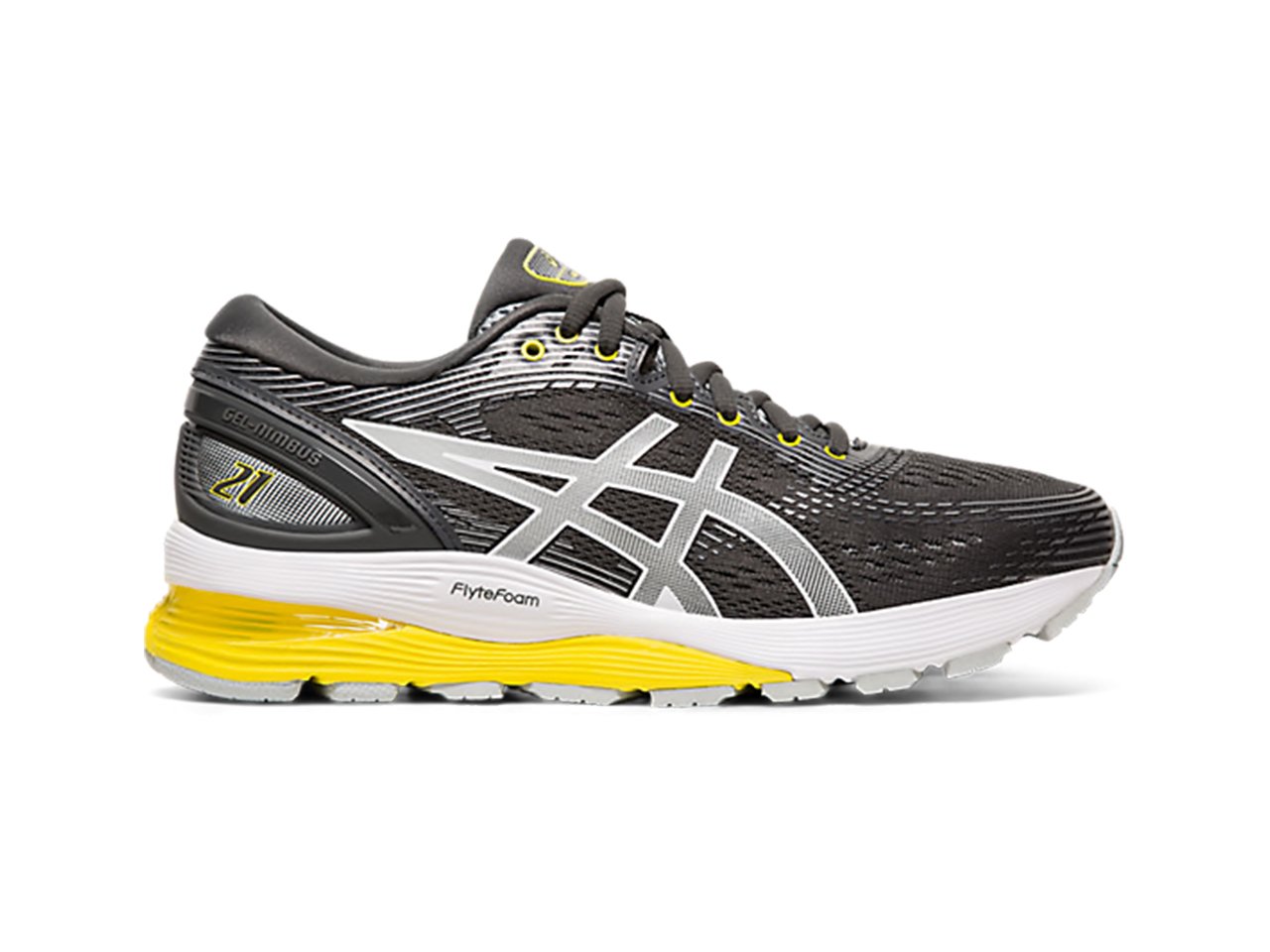 Great running shoes: right shoe of Asics GEL-NIMBUS 21—black upper, yellow sole