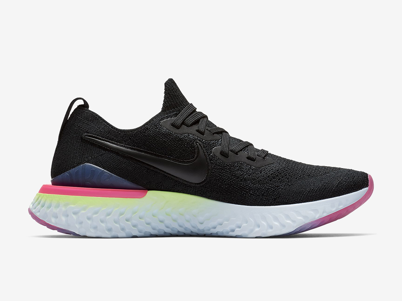 Great running shoes: Nike Epic React Flyknit 2 right shoe in black with rainbow sole