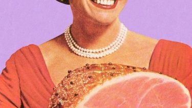 mother daughter relationship feature of a retro illustration of a woman wearing pearls and an orange dress holding a cooked ham
