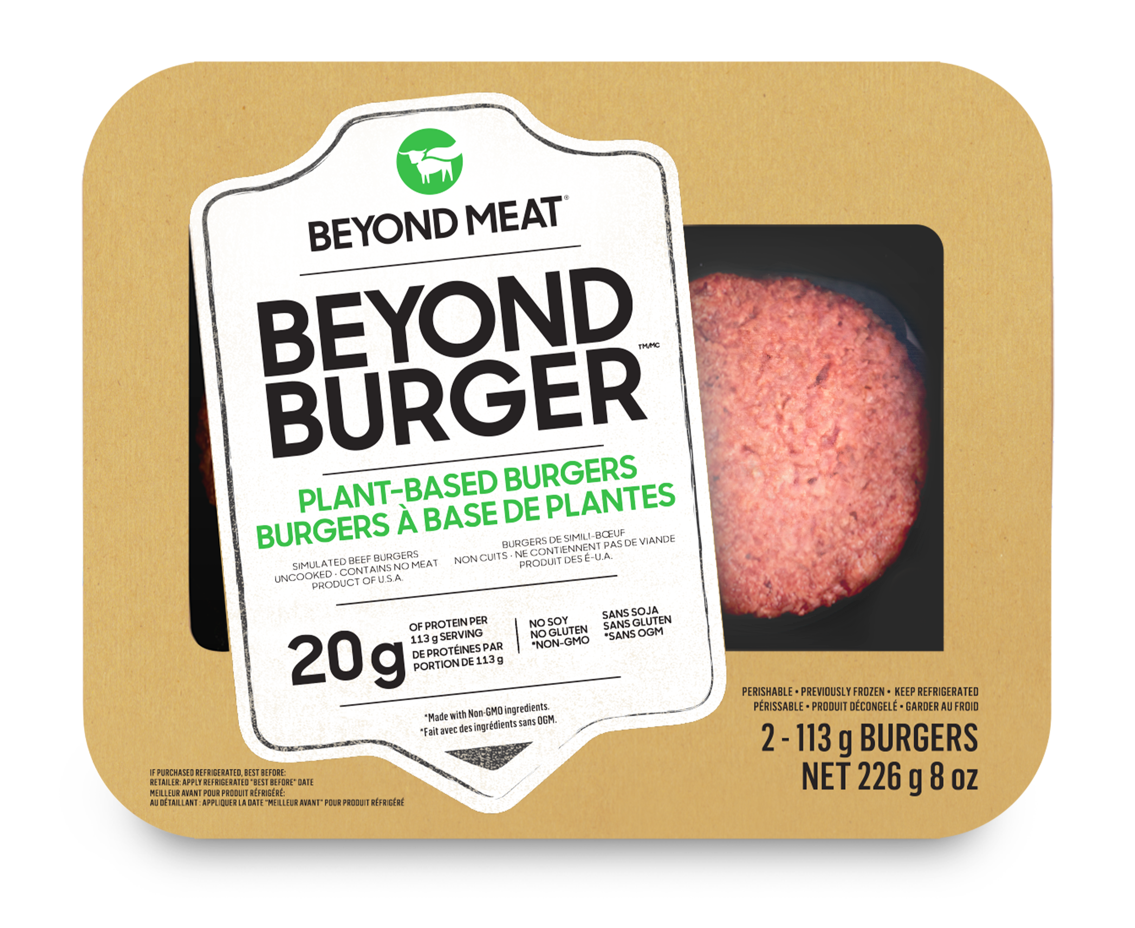 Uncooked Beyond Burgers plant-based burger in its brown, white, and green packaging.