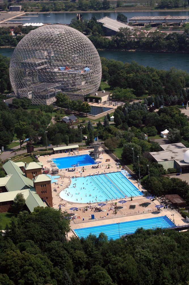 Best outdoor pools Canada — aerial view of Jean Drapeau park\'s 3 pools and Biosphere
