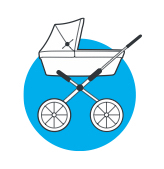 Degrassi Palooza- illustration of a baby carriage in profile on a blue background