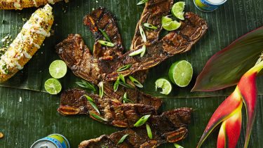Filipino food-Overhead shot of Grilled Filipino Adobo Kalbi Ribs on a LEAFY GREEN background