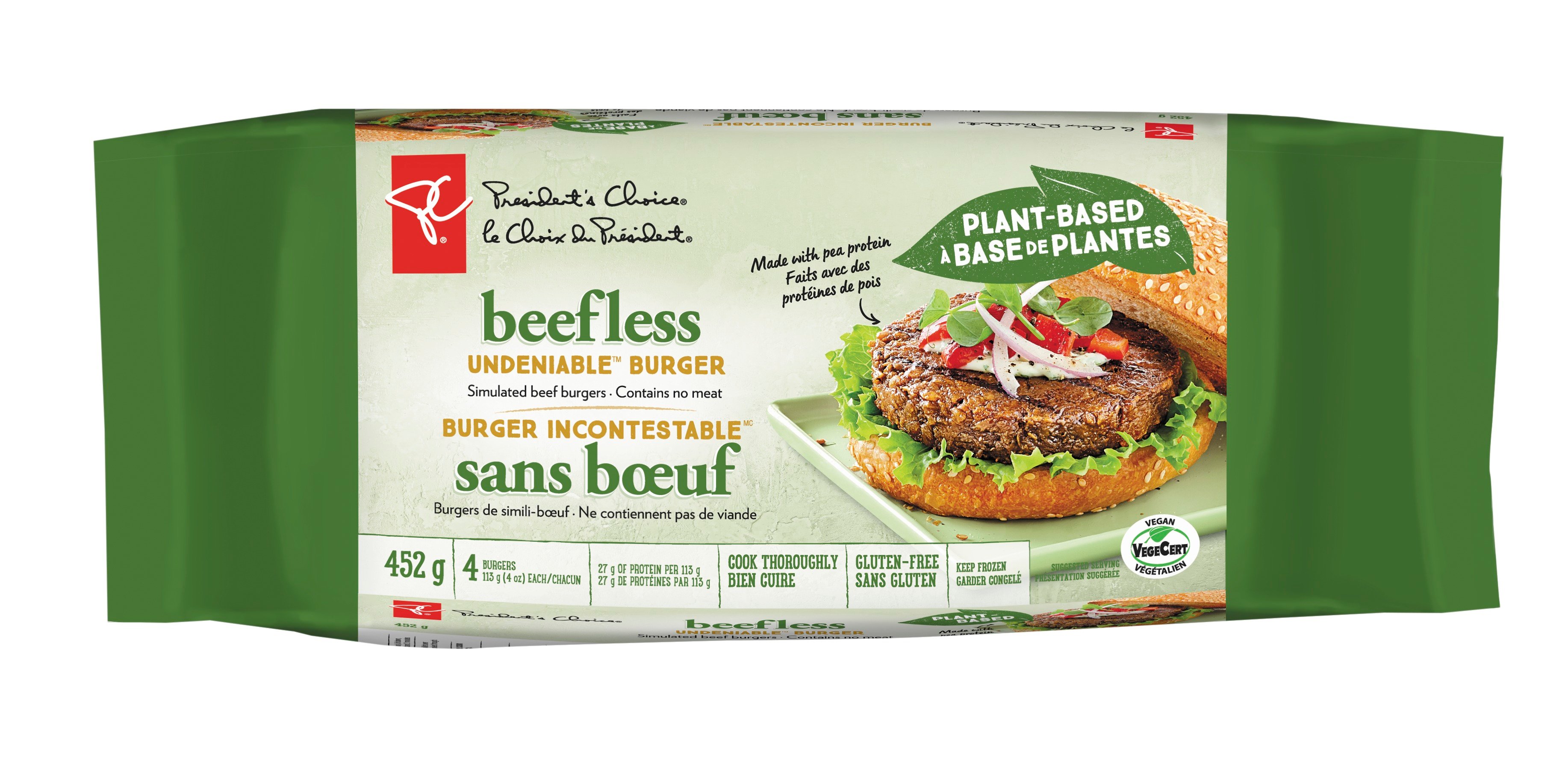 Packaging for the PC Undeniable Plant-Based Burger. It features the cooked and dressed burger against a light green background.