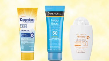 best drugstore sunscreens: yellow coppertone tube, blue neutrogena hydro boost tube, white Avène bottle on yellow background