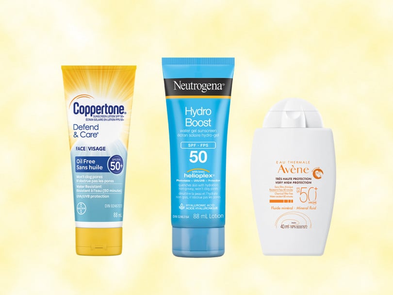 best drugstore sunscreens: yellow coppertone tube, blue neutrogena hydro boost tube, white Avène bottle on yellow background