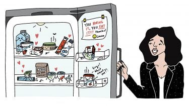Illustration of a woman opening up the office fridge to find that the yogurts are all procreating.
